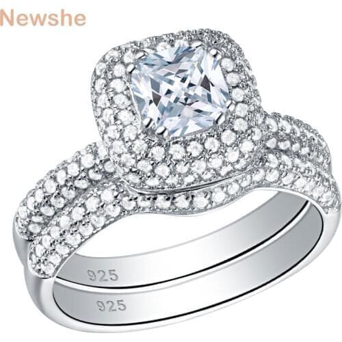 Newshe Solid 925 Sterling Silver Wedding Rings For Women 2.9 Ct Cushion Cut AAA CZ Engagement Ring Bridal Set