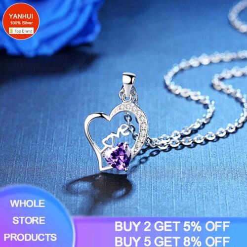 To My Love Silver 925 Necklace With Love Letter Purple Heart Zircon Crystal Pendant Necklace Choker Jewelry Valentines Day Gift