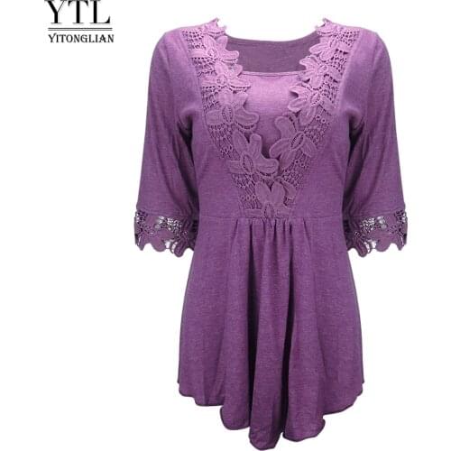 Yitonglian Womens Elegant Floral Crochet Half Sleeve Comfy Cotton Tunic Blouse Irregular Business Casual Tops H178
