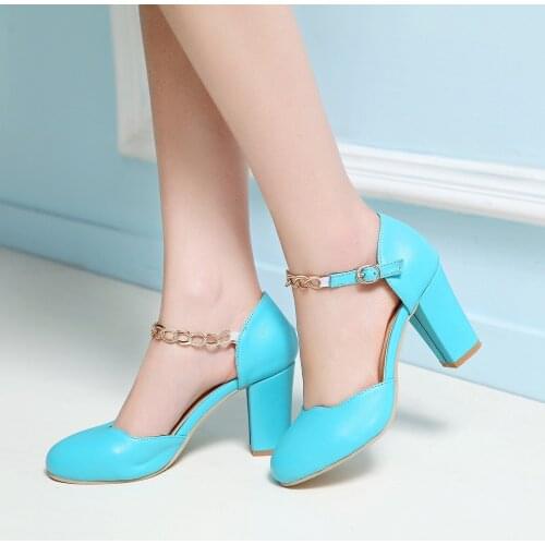 YMECHIC lady sweet lovely chains mary janes ankle strap high heels shoes party spring summer chunku heel womens pumps green red