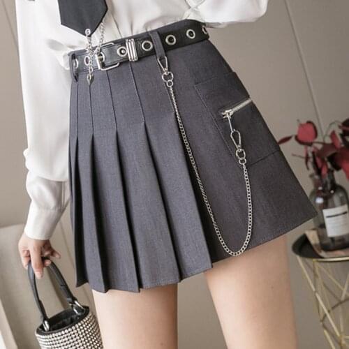 Mini Skirt Sashes Chain High Waist Solid Pleated Skirts Women Summer Skirt Dance Harajuku Preppy Style Casual Korean #S11