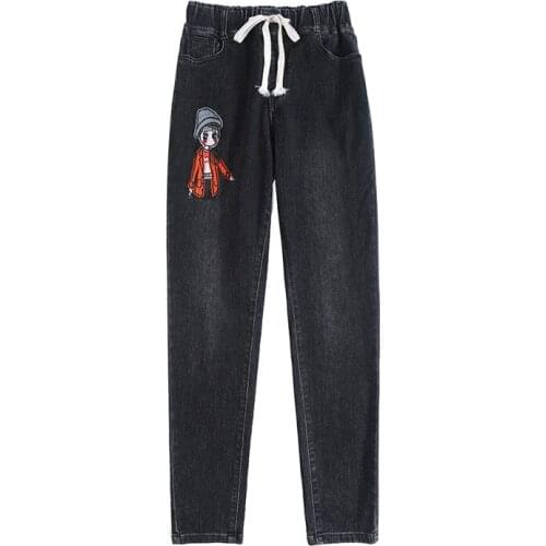 Fall 2020 Jeans Women Lace Up Elastic High Waist Harem Pants Slimming Embroidery Wide-leg Casual Feminine Trousers