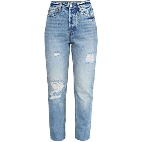 High Quality Women High Waisted Jeans Pure Cotton Hole Ripped Jeans Trousers Women Casual Baggy Distressed Denim Pants Jumper