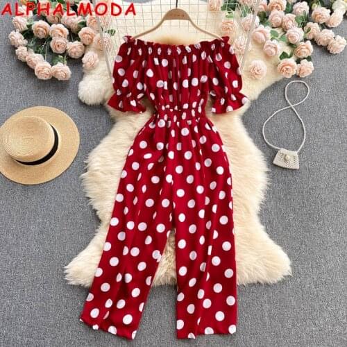 ALPHALMODA 2021 Summer Women Slash Neck Stretchy Waist Wide-leg Casual Jumpsuit Ladies Holidays Resort Overall Outfit