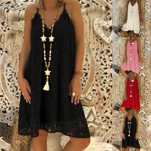 Women Summer Beach Short Dress Mini Dress Solid Color Lace Women Sleeveless V Neck Spaghetti Strap Dress Ladies Loose Femme Robe