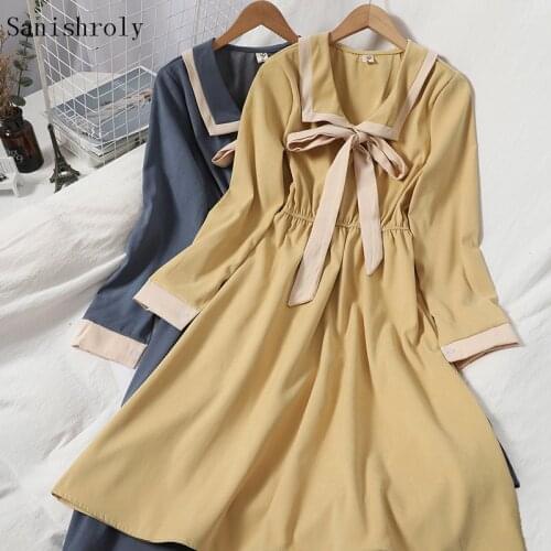 2021 Autumn Sweet Turn-down Collar Tie Bow A Line Dress Women Elastic High Waist Long Dress Female Large Hem Long Sleeve Dresses