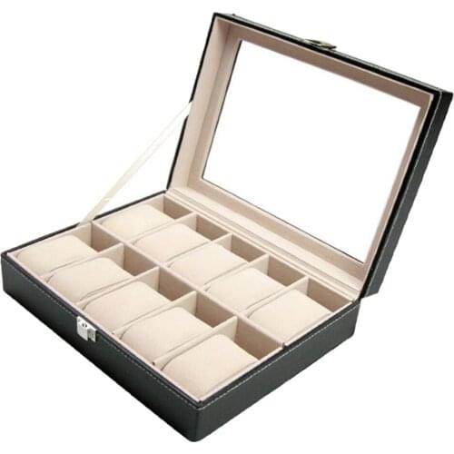 10 Slot Wood Leather Jewelry Watch Display Case Box Storage Holder Organizer