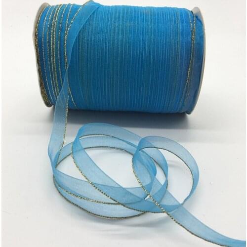 10yds/lot 3/8" 10mm Sky blue Glitter Golden Rimmed Organza Ribbon Bow Hair Wedding Decoration Lace Crafts