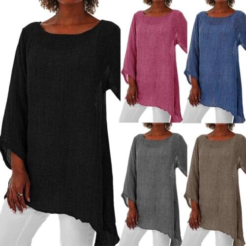 2020 New Women T-shirts Casual Plus Size Solid Color Linen O-Neck Long Sleeve Irregular Tunic Tops For Women Clothing