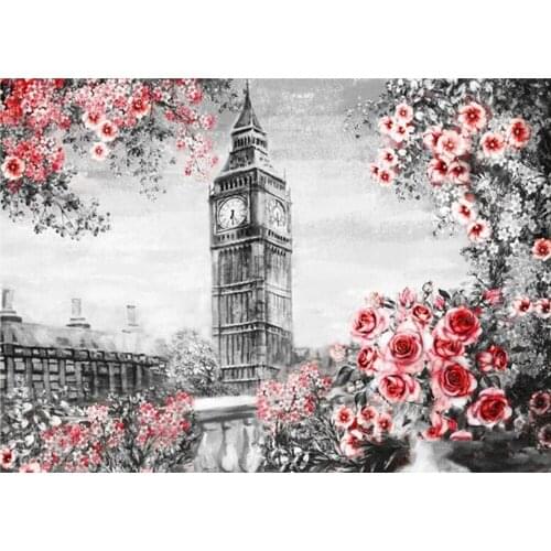 Yujohom Diy 5D Mosaic Full Embroidery Landscape London Clock Tower & Red Rose Flower Diamond Painting By Number Home Decoration