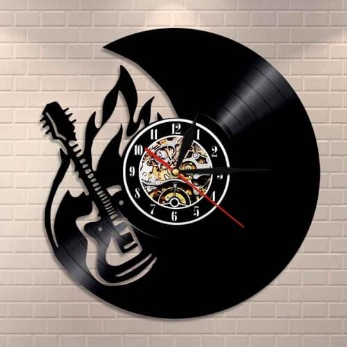 Flaming Guitar Vinyl Record Clock Rock and Roll Fire Guitar Wall Clock Home Decor Rock Band Music Fan Guitar Player Gift Idea