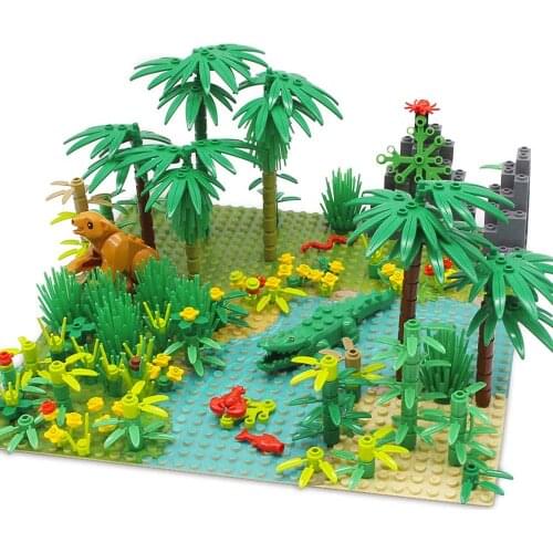 DIY Kids Toys Gifts Rain Forest Animal Tree Grass Building Blocks Set with Base plate City MOC Accessories Parts Bricks