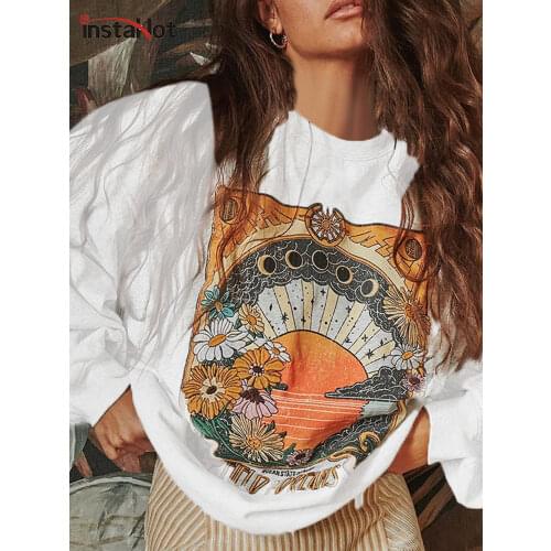 InstaHot Casual Print Pullover Sweater Fall Clothes For Women Long Sleeve Oversize Loose Cotton Fashion Korean Female Tops 2021