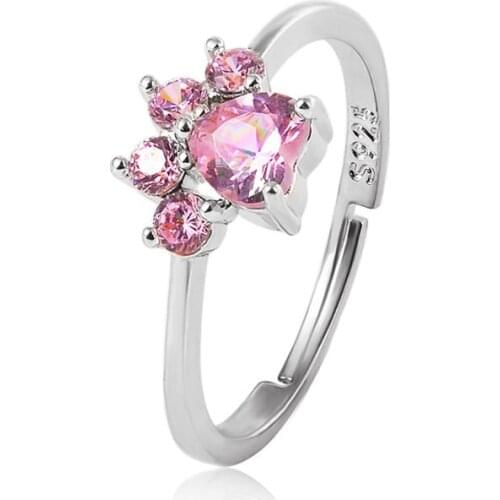 Lovely Pink Sweet Crystal Cute Kitty Cat Puppy Dot Claw Footprint Silver Plated Golden Adjustable Rings for Women