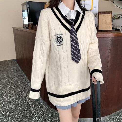 Korea Ulzzang fashion Vintage casual chic sweet Japanese college JK sweater loose V-neck knitted Harajuku Kawaii female sweater