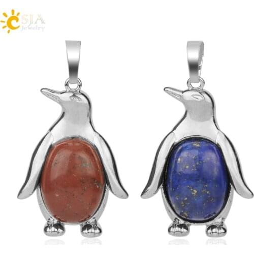 CSJA Penguin Pendant for Necklace Women Girls Natural Stone Cryatal Tiger Eye Cute Animal Men Fashion Jewelry Birthday Gift G179
