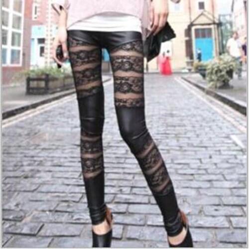 PU Leather Patchwork Lace Leggings Lace Hollow Pants Women 007