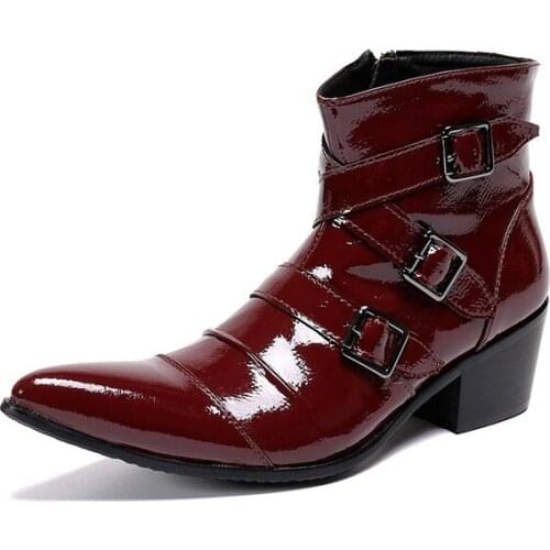 Western Punk Mens Boots Pointed Metal Toe Black Leather Ankle Boots Men Black Soft Leather 6.5CM Heels Motorcycle Men