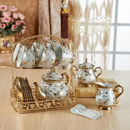 European Coffee Cups Set Golden Decal Pattern British Porcelain Tea Sets Ceramic Pot Teapot Teacup Afternoon Party Accessories