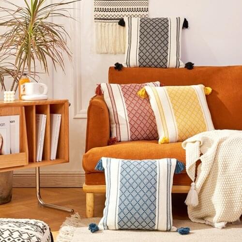 Cushion Cover Geometric Pillow Cover With Tassels Handmade Cotton Pillow Case for Bed Sofa Couch Home Decor 45x 45cm