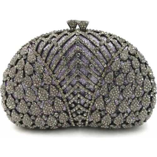 New Arrival White Crystal Black Metal Purple Evening Bag Clutch Women Party Purse Fashion Hollow Out Daimonds Ladies Handbags