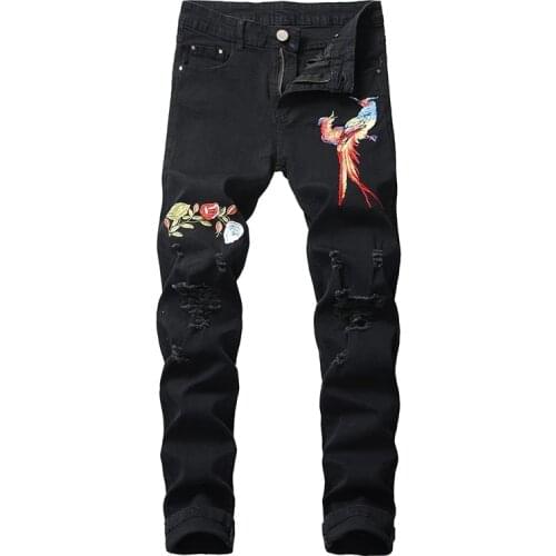 New Mens Male fashion casual bird embroidery ripped black jeans Plus size holes slim stretch denim pencil pants trousers S1899