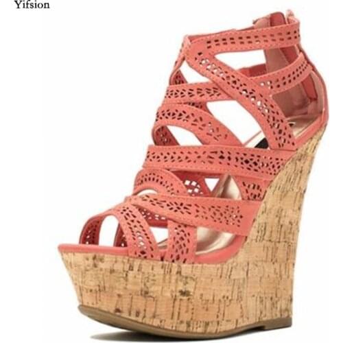 Olomm New Women Platform Sandals Wedges High Heel Sandals Open Toe Black Orange Blue Beige Party Shoes Women US Plus Size 5-15