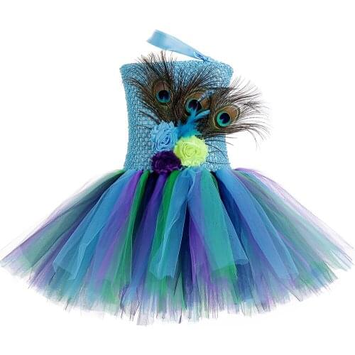 Princess Girls Peacock Tutu Dress Tulle Feathers Flower Girl Birthday Party Dress Children Kids Halloween Costumes Girls Clothes