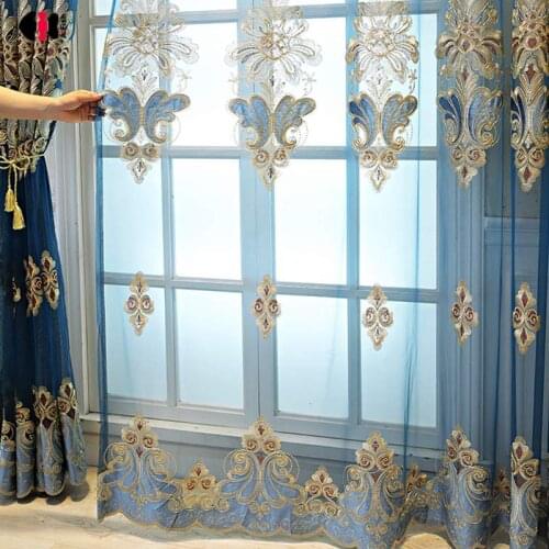 Royal Blue Embroidered Sheer Curtains for Living Room Luxury Delicate Design French Bay Window Treatment Gauze