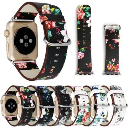 Genuine Leather Strap for Apple Watch 6 5 4 40mm 44mm 38mm 42mm Flower Printed Strap bracelet for iwatch 1 2 3 4 5 6 watch band