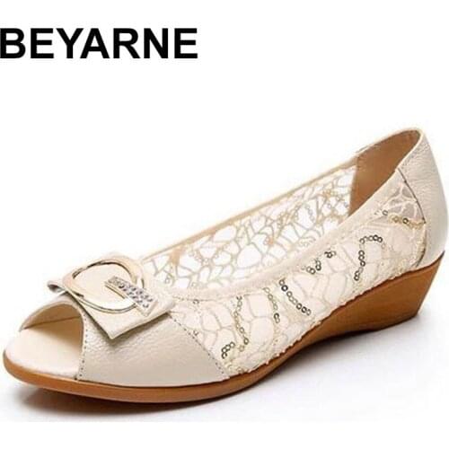 BEYARNENew Fish Mouth Cowhide Lace Summer Leather Sandals Large Size Metal Rhinestone Casual Sandals Women Shoes Flat Sandals