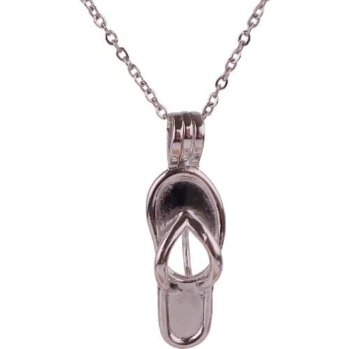 K1645 Dull Silver copper flip flop shoes Bead Pearl Cage Aroma Essential Oil Diffuser Locket Necklace with stainless steel chain