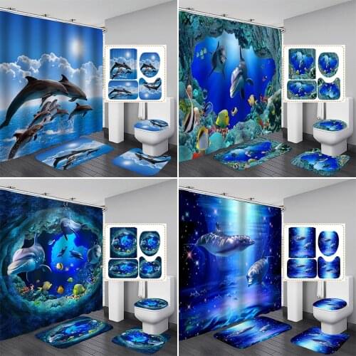 3D Dolphin Bathroom Curtain Design Waterproof Fabric Shower Curtains Set Anti-Skid Rugs Toilet Lid Cover Bath Mat Dropshipping