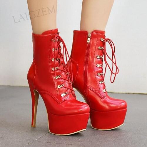 LAIGZEM Women Ankle Platform Boots Stiletto High Heels Side Zip Short Booties Ladies Unisex Shoes Woman Large Size 33 44 45 48