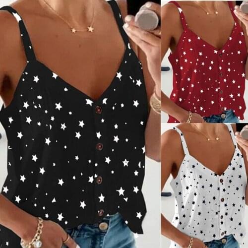 Sexy Womens Camisole Stars Printing V Neck Crop Top Sleeveless Button Casual Sling Loose Summer Holiday Party Tank Tops