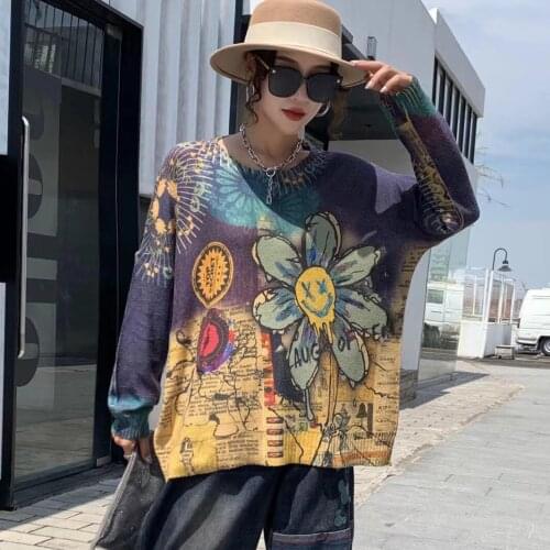 21838 Vintage Style Autumn Personality Flower Alphabet Knitted Pullover Loose Thin Sweater Top Tide Outerwear