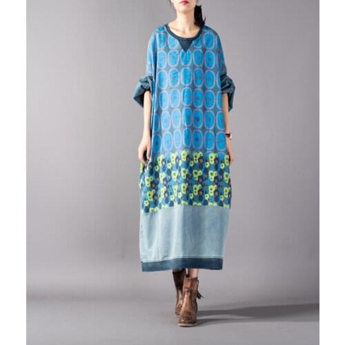 Women Autumn Spring Loose Bat Dress Ladies Plus Size Print Casual Dress Female Big Size Dress Robes