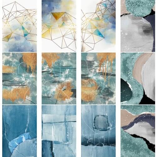 Golden Blue Abstract Geometric Lines Pictures For Home Design Wall Art Paints Living Room Decoration Posters Modern Paintings