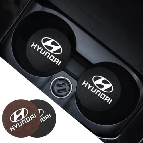 2Pcs PU Leather Car Cup Mat Auto Emblem Non-Slip Cup Slot Pad For Hyundai I30 I20 IX35 I40 Tucson Getz Sonata Kona Elantra Creta
