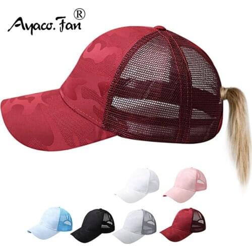 2021 Women Hollow Out Ponytail Baseball Cap Cotton Pattern Camouflage Patchwork Mesh Baseball Hat Outdoor Sports Snapback Sunhat