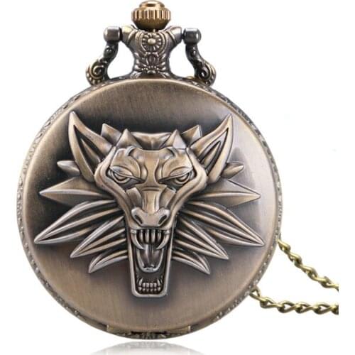 50pcs/lot Antique Wolf Head Pocket watch with Chain Necklace Pendant Steampunk Watches Wholesale