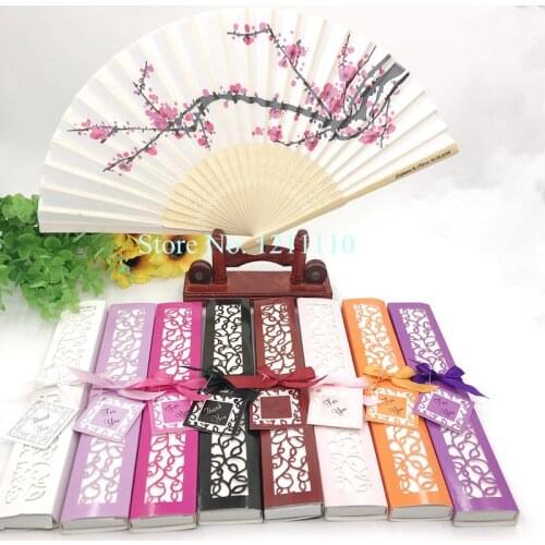 96PCS Cherry Blossom Wedding Fan in Elegant Lase-Cutter Gift Box Personalized Printing Wedding Name&Date Hand Folding Fans