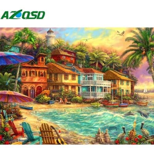 AZQSD Diamond Embroidery Sale Seaside Full Square/Round Drill Home Decor Diamond Painting Scenery House Cross Stitch