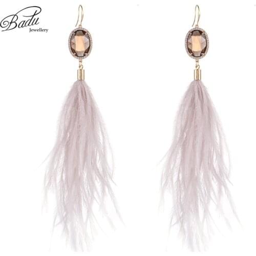 Badu Long Pink Feather Ostrich Natural Style Oval Crystal Rhinestone Pendant Earrings Romantic Party jewelry Christmas Gift