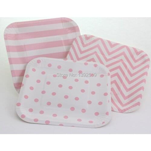 Free Shipping 120pcs Cookhome Dessert Plate 7" Pink Striped Polka dot Chevron Square Food Trays Paper Plates