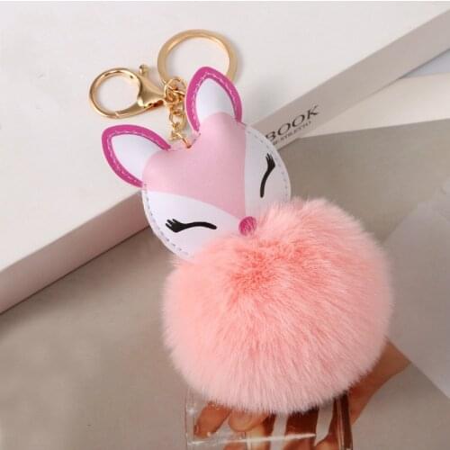 Cute mini fox fur ball keychain handmade fluffy pompons leather fox fur ball keychain ladies bag accessories car key ring pendan
