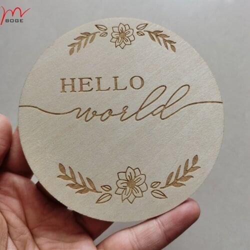 Etched Wooden Card Marker Photo Prop Hello World Sign Shower Gift Baby Birth Announcement Wood Discs