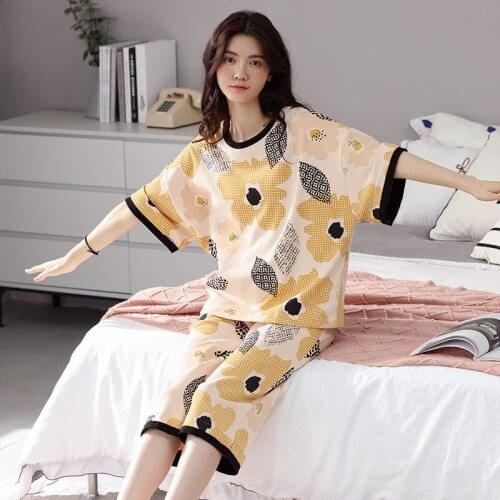 Pijama Mujer New Large Size Summer Cotton Women Pajama Sets Loungewear Print Short Sleeve Students Homewear Pyjamas Suit M-5XL