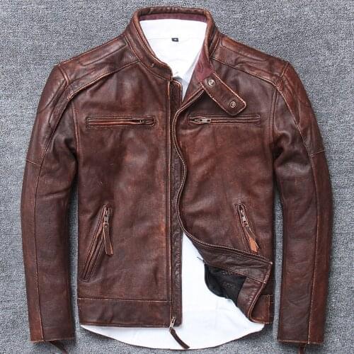 Genuine Leather Jacket Men Real Cow Leather Coat Vintage Motorcycle Jacket Man Short Brown Cowhide Coats U15617-3 J3209