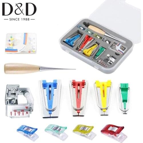 Fabric Bias Tape Maker Folder Kit with Sewing Awl Presser Foot Quilting Pins Plastic Clips DIY Sewing Bias Tape Tools